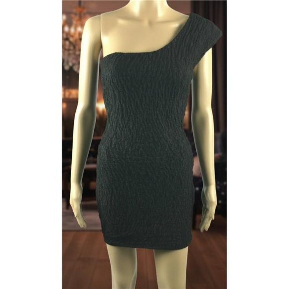 Symphony One Shoulder Black Metallic Bodycon Mini Dress Stretch Textured S